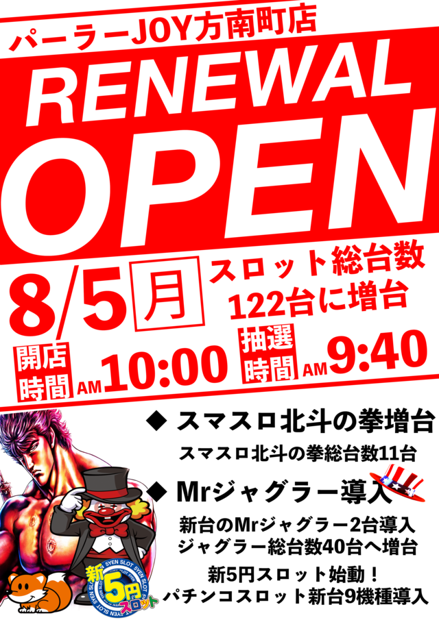 東京都杉並区のパチンコ店『パーラーＪＯＹ方南町店』におけるリニューアル等情報（2024年08月05日）