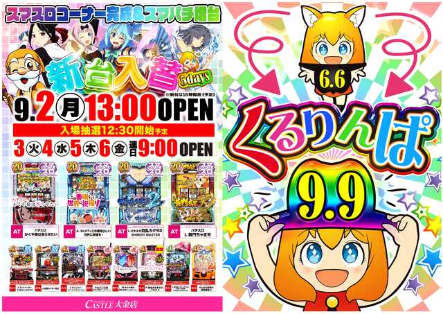 愛知県名古屋市西区のパチンコ店『キャッスル大金店』におけるリニューアル等情報（2024年09月02日）