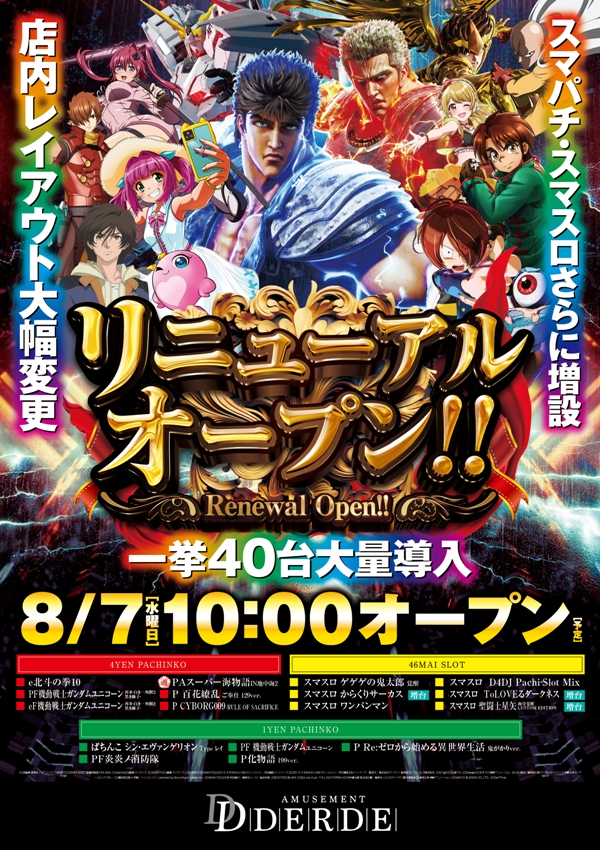 大阪府大阪市東成区のパチンコ店『ＤＥＲＤＥ』におけるリニューアル等情報（2024年08月07日）