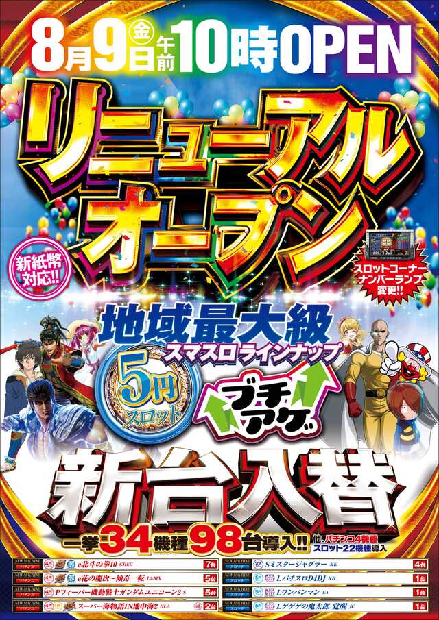 大阪府貝塚市のパチンコ店『ＳＵＰＥＲ ＣＯＳＭＯ貝塚店』におけるリニューアル等情報（2024年08月09日）