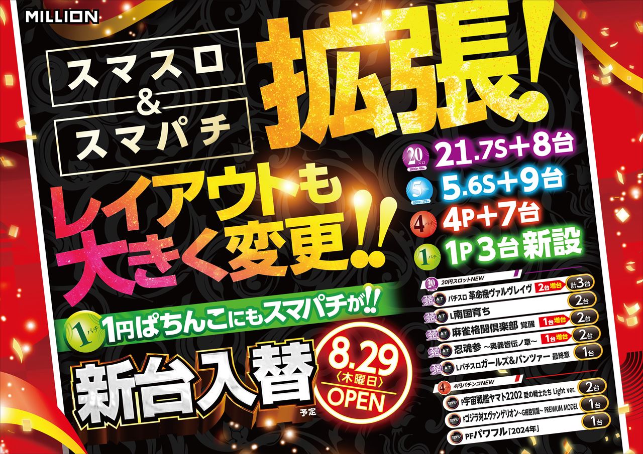 徳島県徳島市のパチンコ店『ミリオン国府店』におけるリニューアル等情報（2024年08月29日）