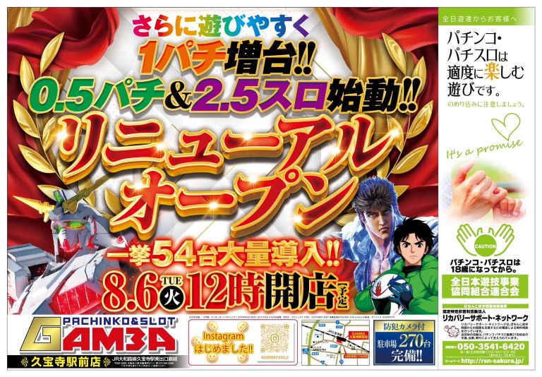 大阪府八尾市のパチンコ店『ガンバ久宝寺駅前店』におけるリニューアル等情報（2024年08月06日）