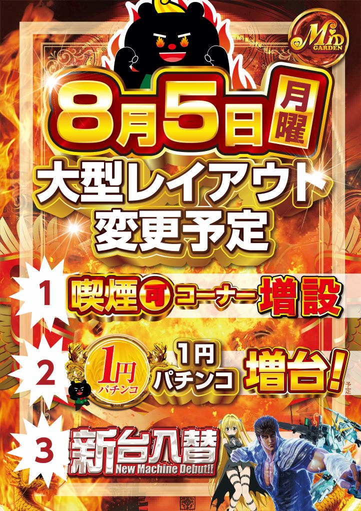 新潟県上越市のパチンコ店『ミッド・ガーデン上越店』におけるリニューアル等情報（2024年08月05日）