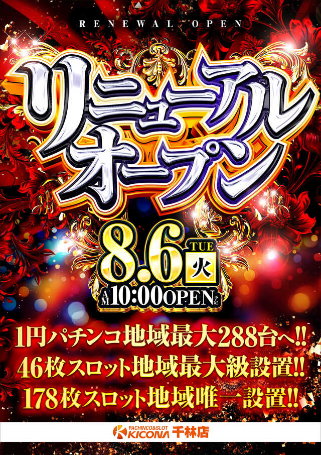 大阪府大阪市旭区のパチンコ店『キコーナ千林店』におけるリニューアル等情報（2024年08月06日）