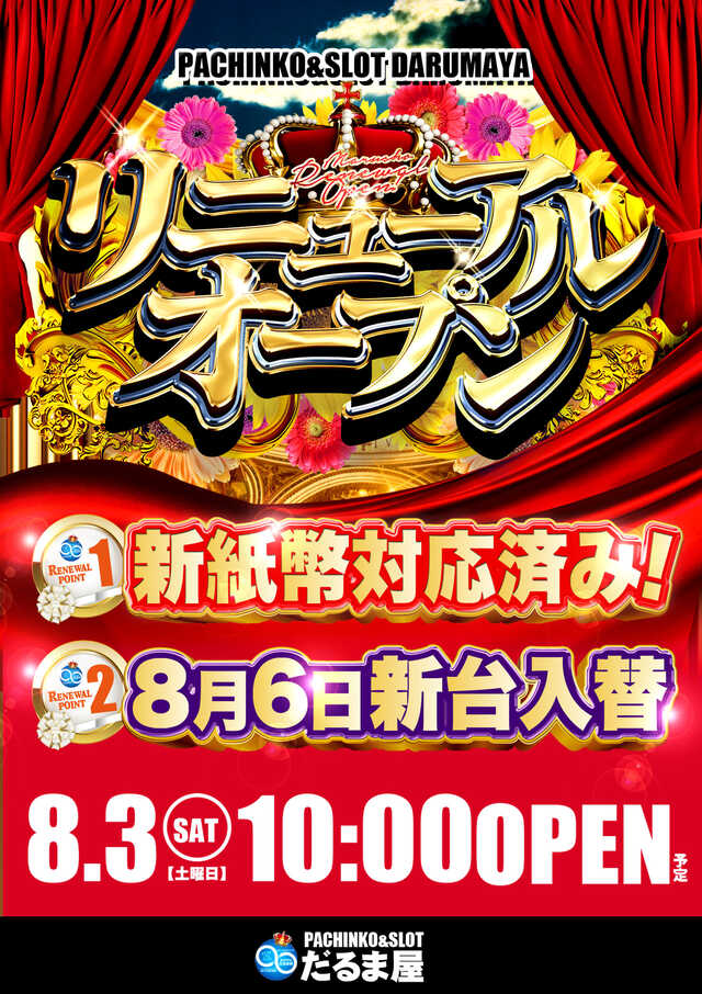 大阪府大阪市平野区のパチンコ店『だるま屋』におけるリニューアル等情報（2024年08月03日）