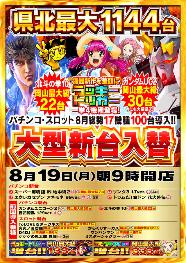 岡山県津山市のパチンコ店『ｎｉｋｋｏ津山店』におけるリニューアル等情報（2024年08月19日）