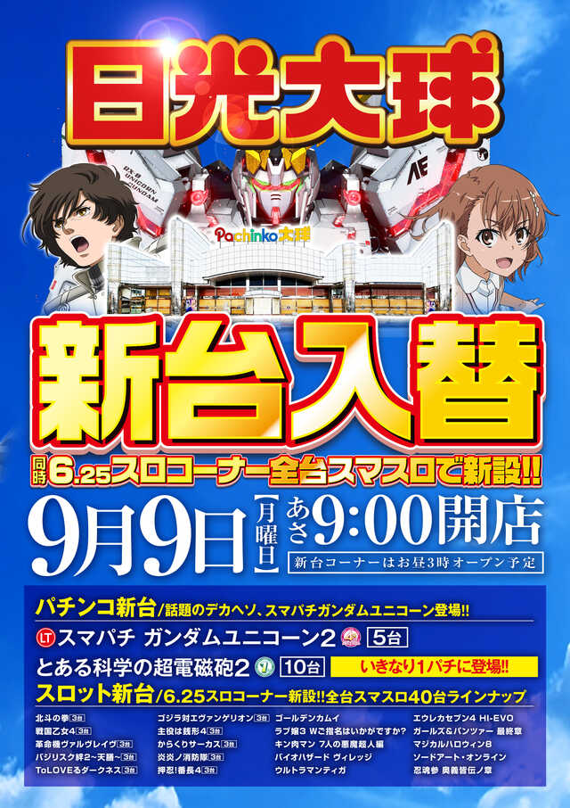 愛媛県新居浜市のパチンコ店『日光大球』におけるリニューアル等情報（2024年09月09日）